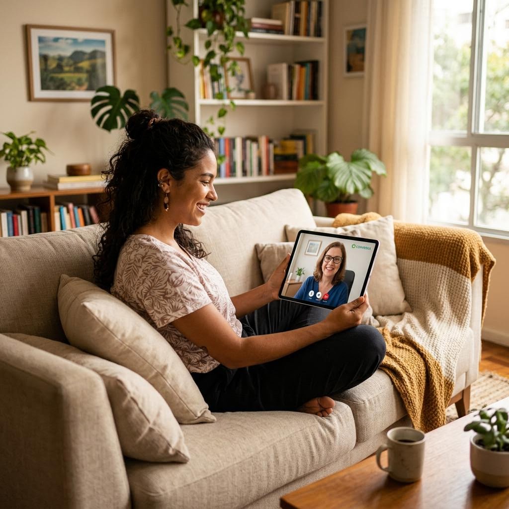 Mulher fazendo terapia online em casa